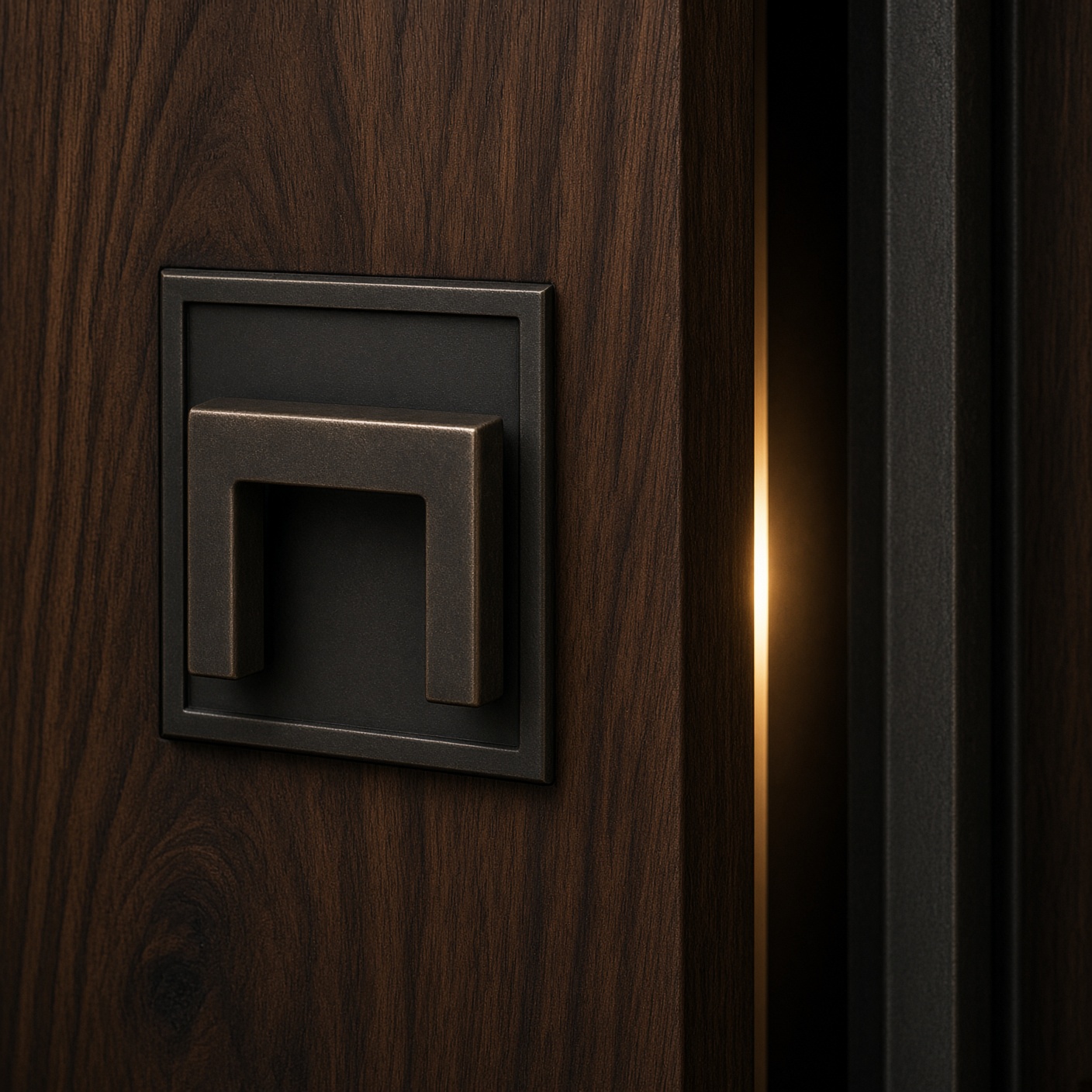Dark bronze square door pull on a monumental walnut door, slightly ajar, with a thin line of warm interior light.