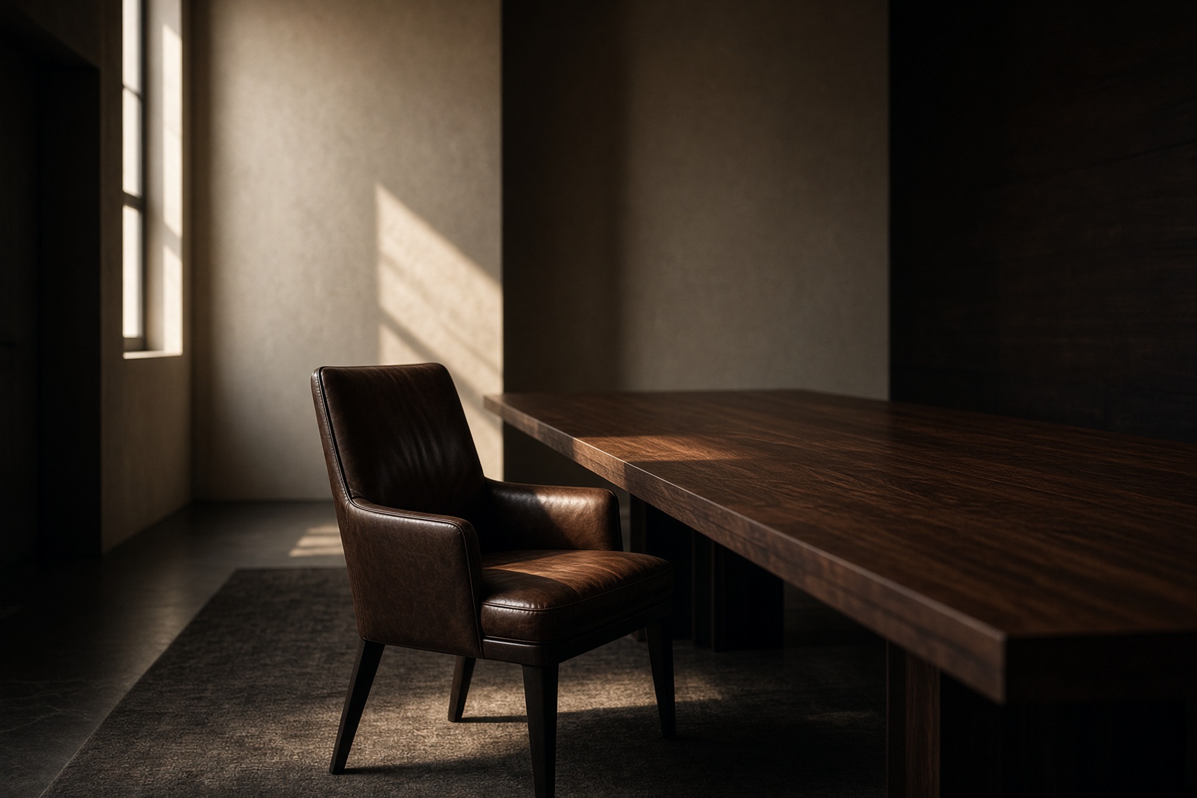 An empty leather chair pulled back from a walnut table, morning light across the seat.