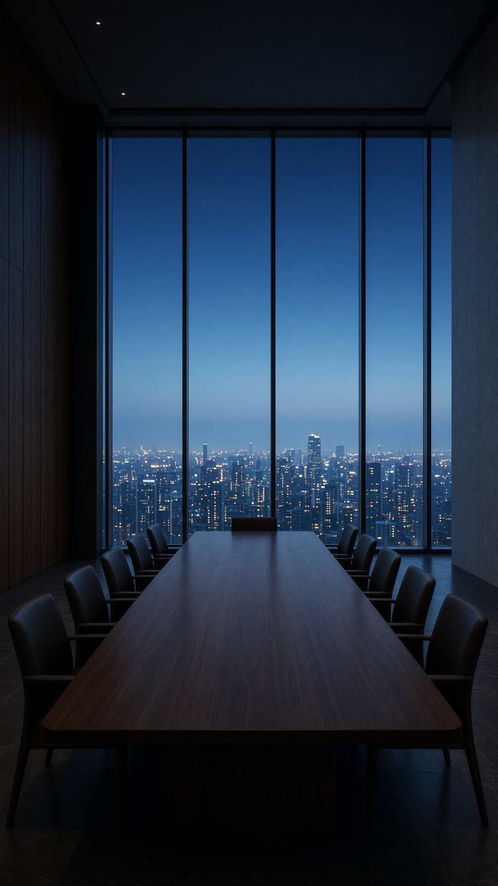 The empty growth room from the far end of the table, looking toward blue-hour windows.