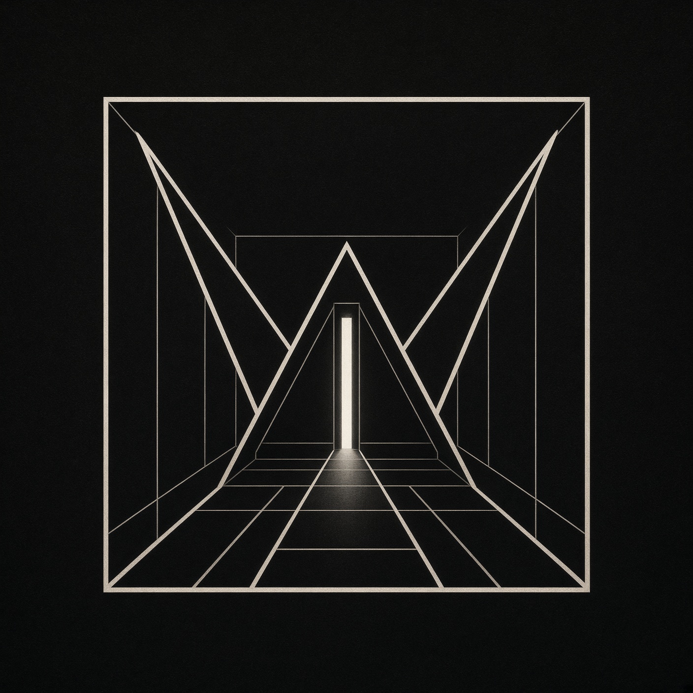 Geometric brand mark: a square room drawn in one-point perspective with a vertical slit of light on the back wall.