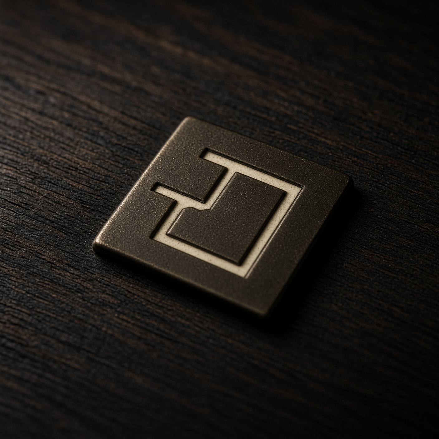 Bronze plaque set in walnut, engraved with an architectural floor plan of a room and a path entering from the left.