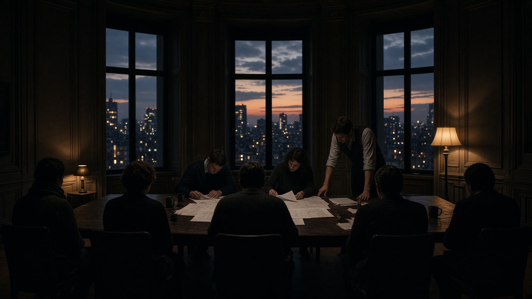 Three operators around a long table at dusk, faces turned away or in shadow, reviewing papers.