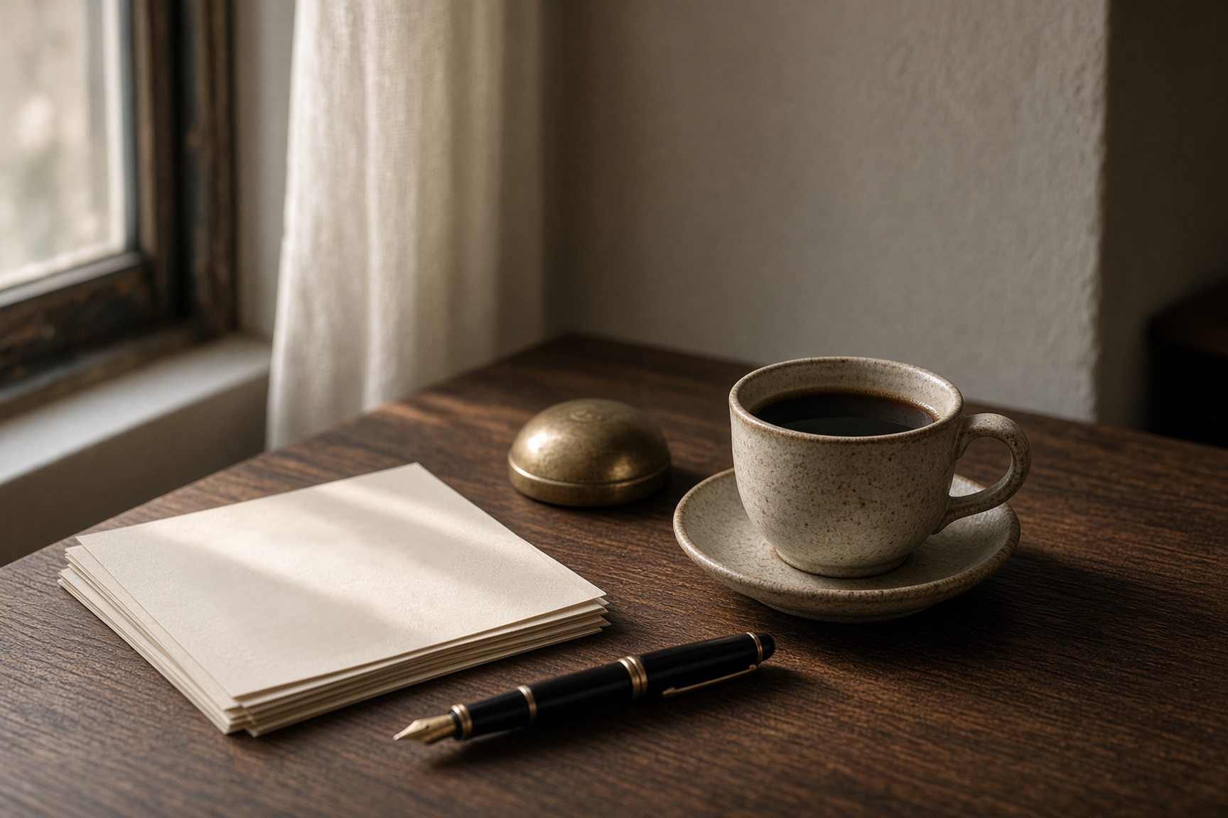 Morning still life: a printed memo, fountain pen, and coffee on a walnut desk in window light.