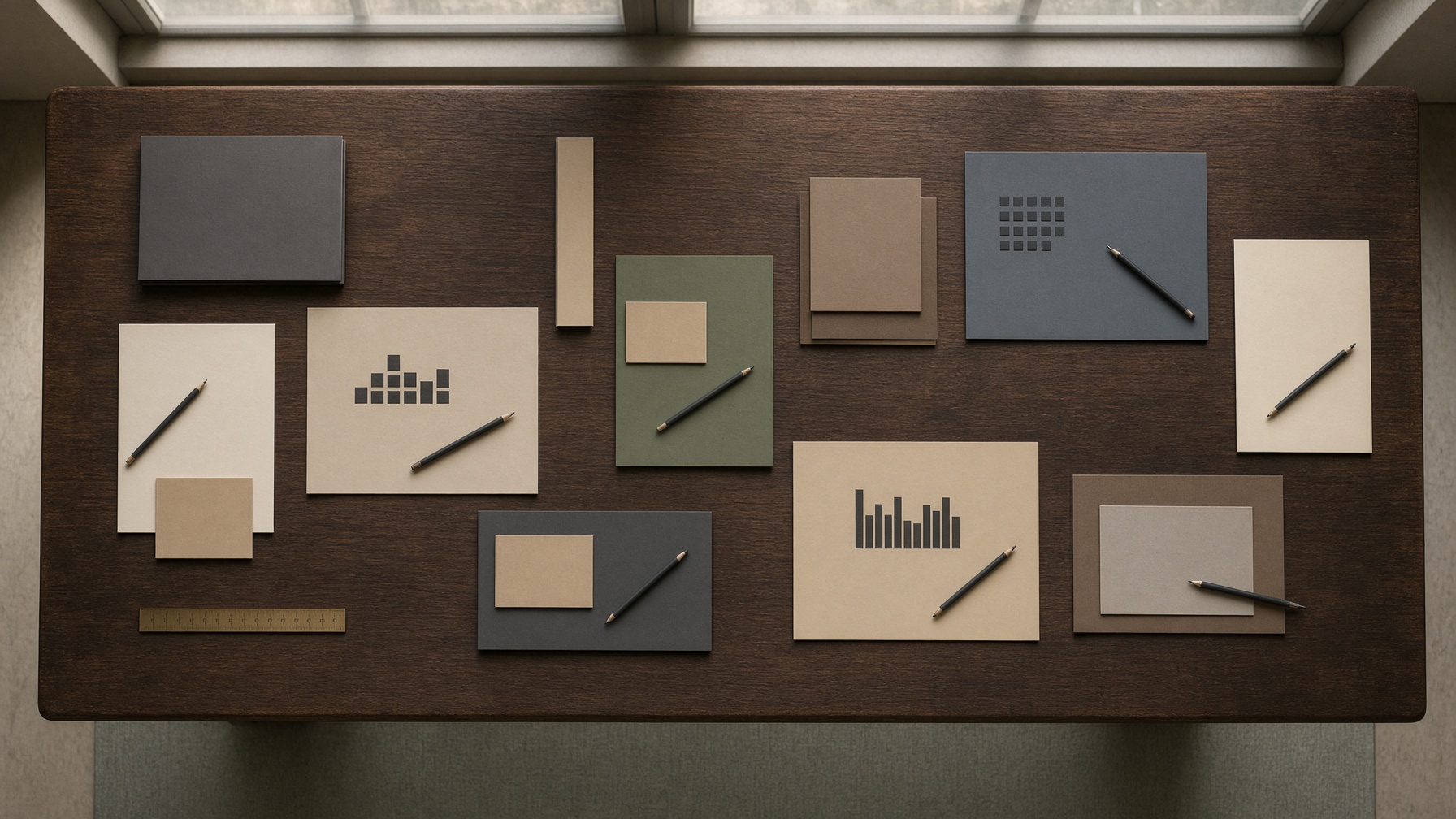 Overhead of a walnut conference table with papers and folders arranged like an allocation map.