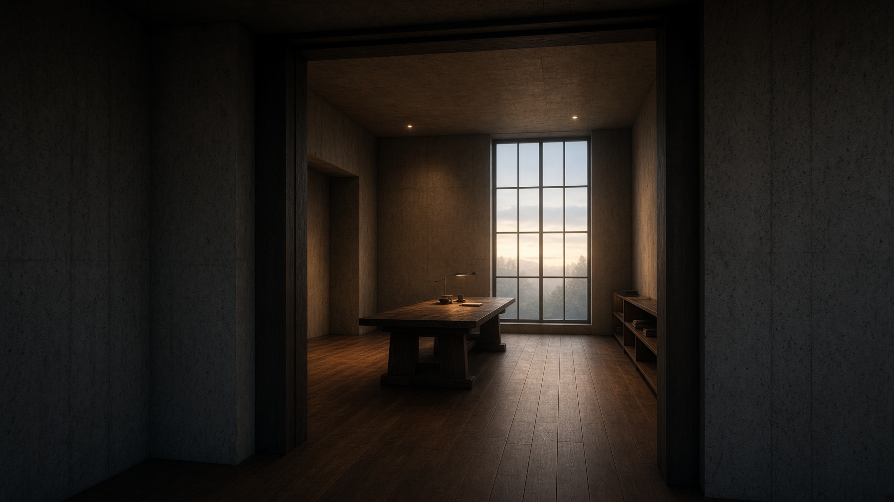 A dark corridor opening into a warmly lit room with a long table and a tall window of dawn light.